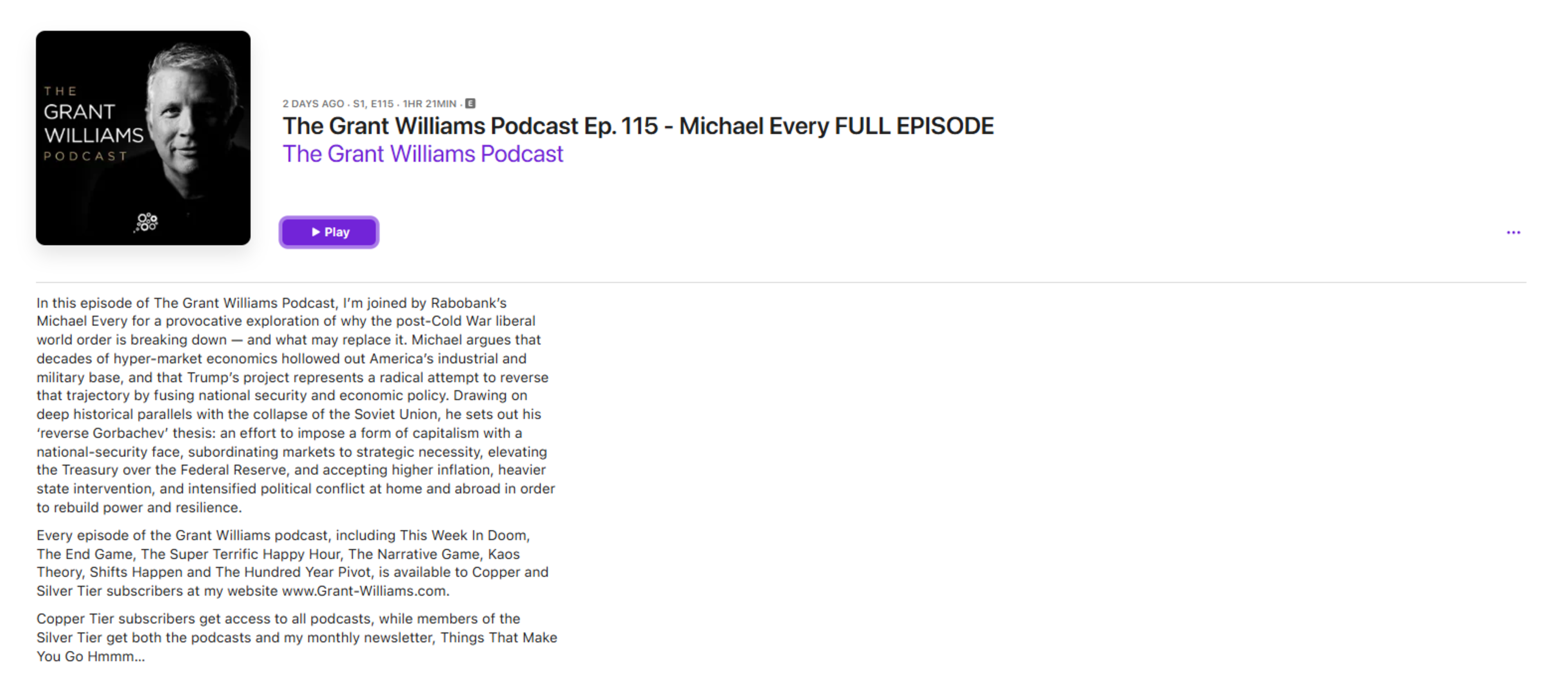 The Grant Williams Podcast Ep. 115 - Michael Every