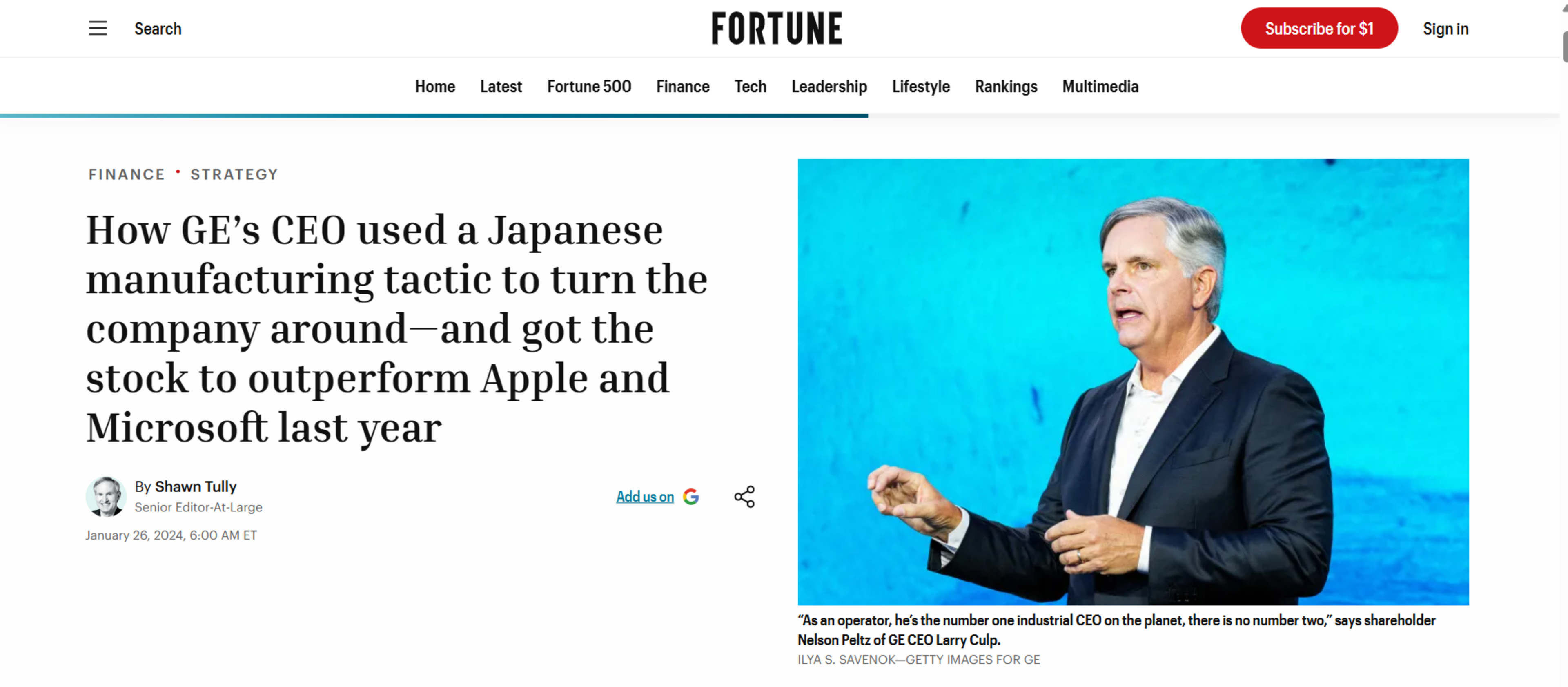 How GE’s CEO used a Japanese manufacturing tactic to turn the company around—and got the stock to outperform Apple and Microsoft last year | Shawn Tully | 26 Jan 2024  | Fortune Magazine