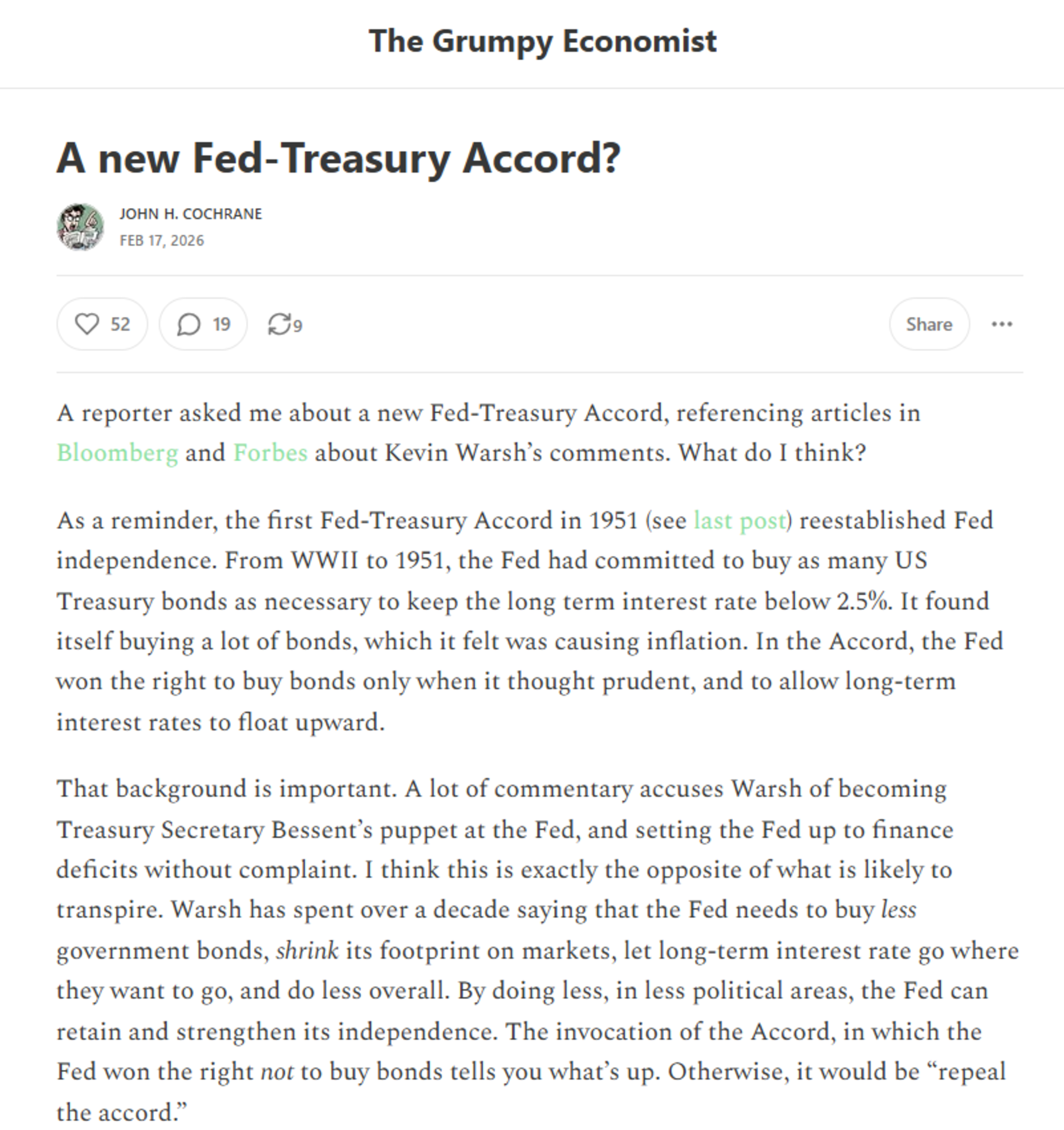 A new Fed-Treasury Accord? | John H. Cochrane | Feb 17, 2026 | The Grumpy Economist