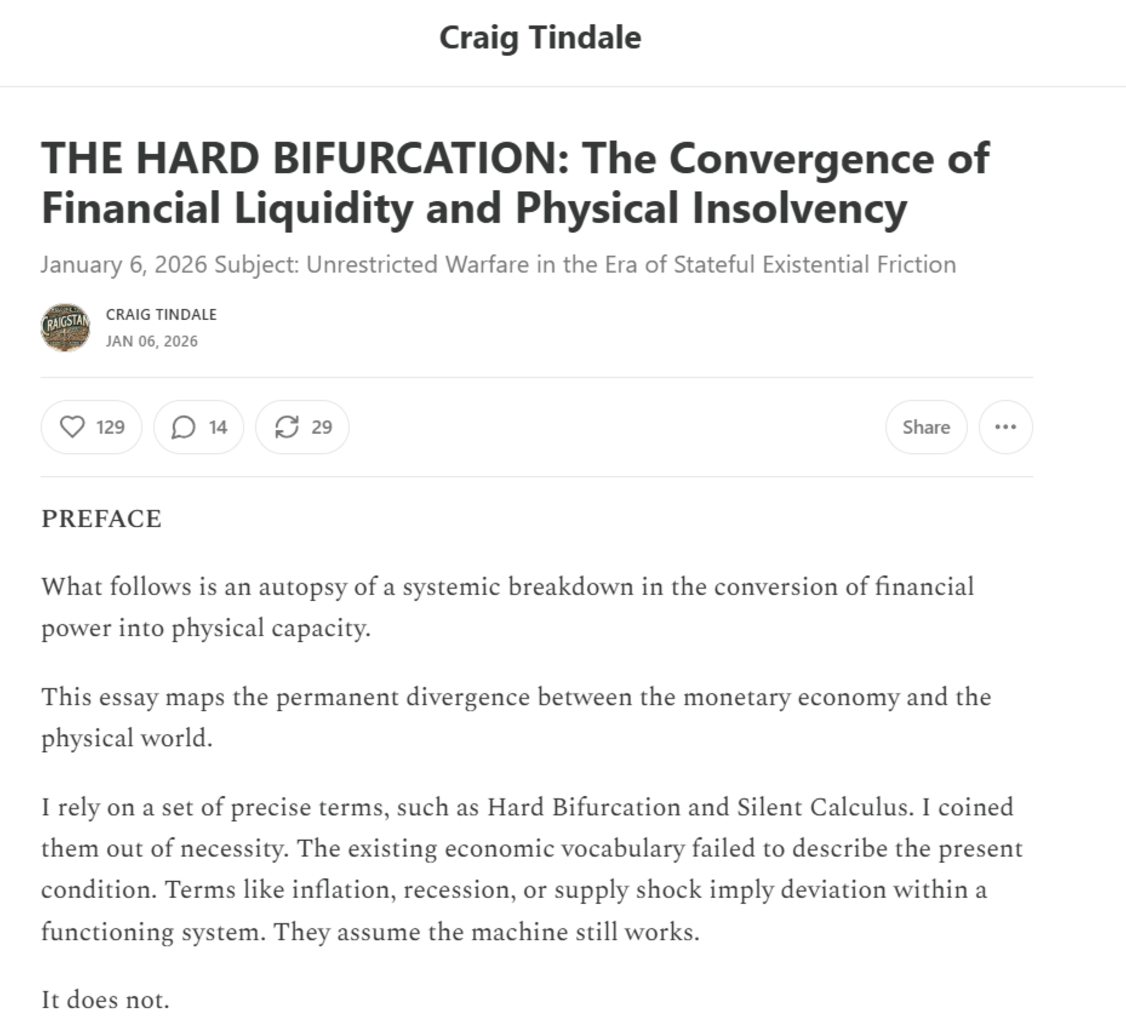 The Hard Bifurcation : The Convergence of Financial Liquidity and Physical Insolvency. | 06 Jan 2026 | Craig Tindale