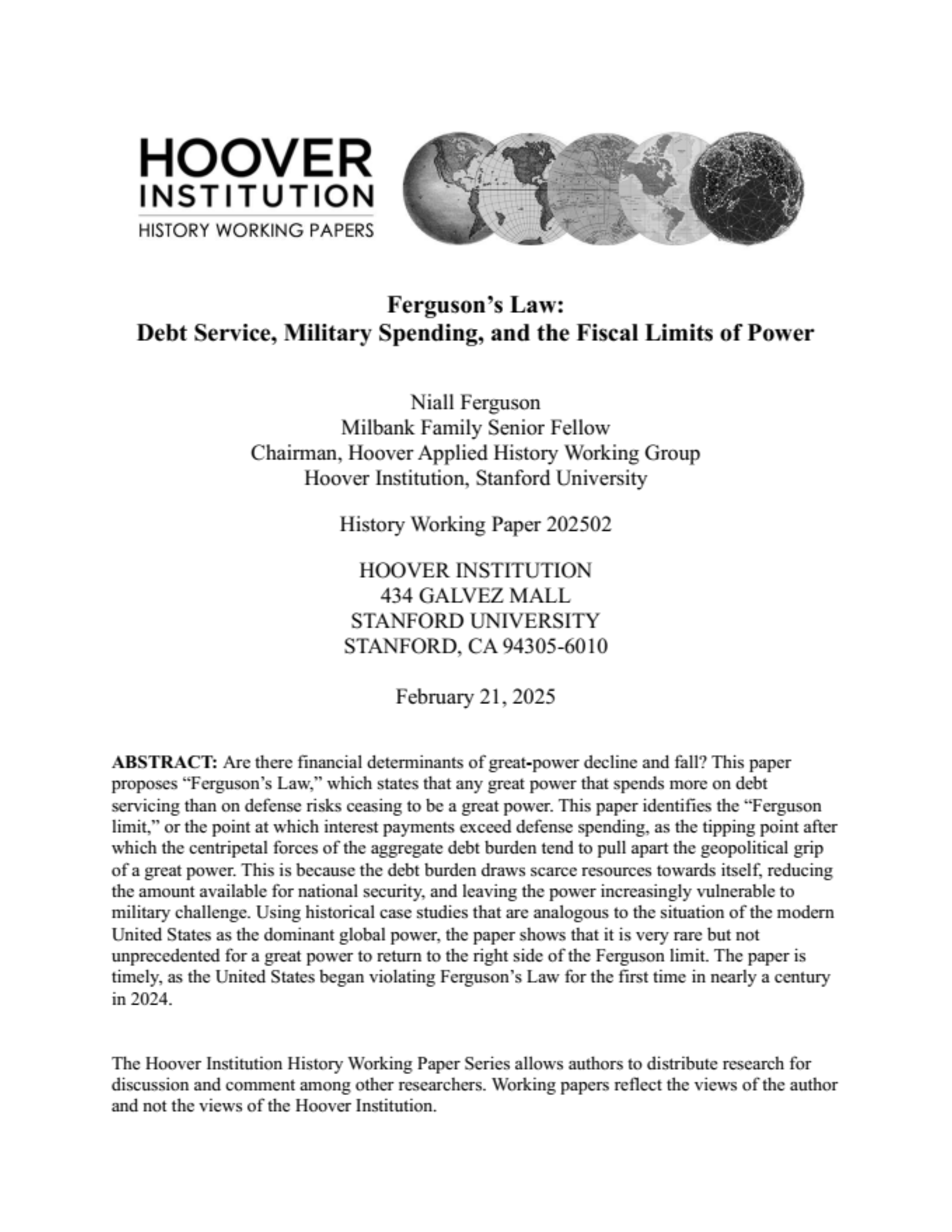 Ferguson’s Law:  Debt Service, Military Spending, and the Fiscal Limits of Power