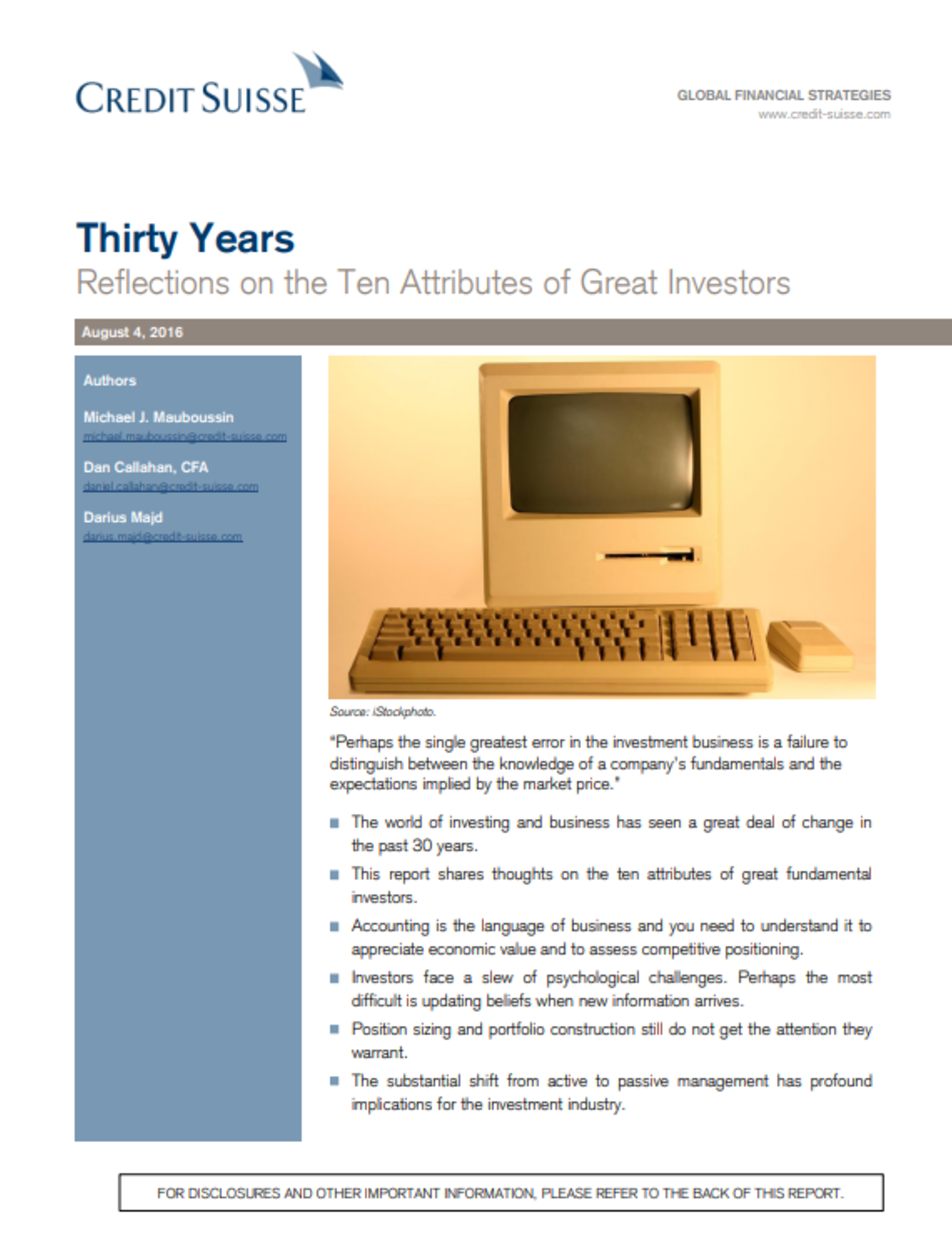 Thirty Years: Reflections on the Ten Attributes of Great Investors (August 4, 2016) | Michael J. Mauboussin (+2) | Credit Suisse
