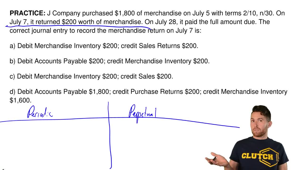 J Pany Purchased 1800 Of Merchandise On July 5 With Terms 2 10 N 30 On