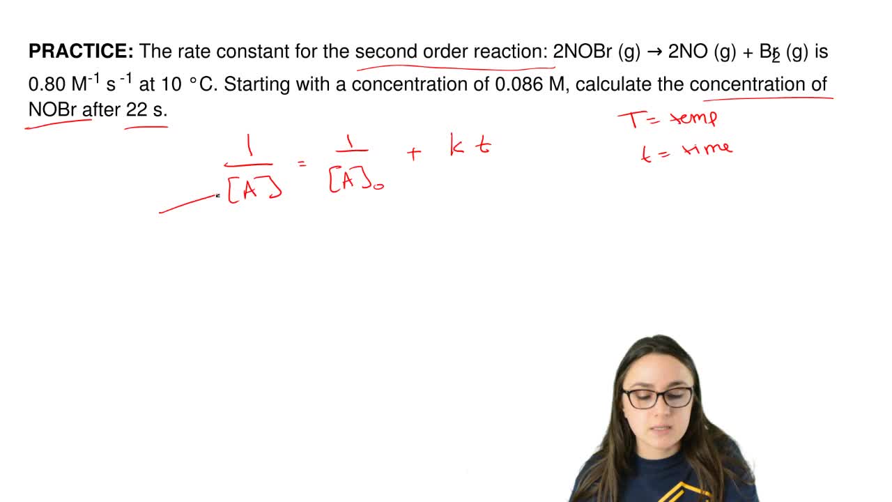 The rate constant for the second order reaction: 2777NOBr (g) → 2777NO (g) + Br2777  (g) is 27.827 M -27 s -27 at 2727 °C. Starting with a concentration of 27.2786 M,  calculate the concentration of NOBr after 27772777 s.