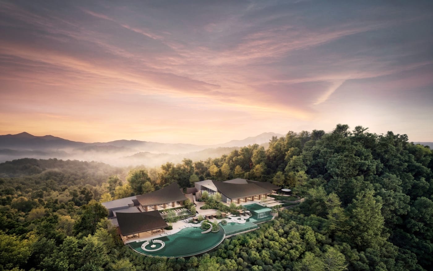 Rendering des zukünftigen Resorts in Vinh Hy: Pavillons mit dunklen Dächern auf einem bewaldeten Hügel bei Dämmerung