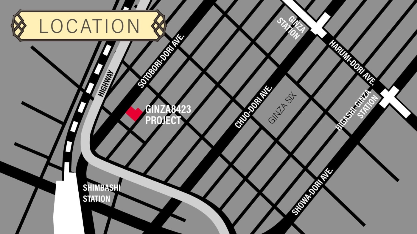 Plano de situação do projeto Ginza 8423 entre as estações de Shimbashi e Ginza