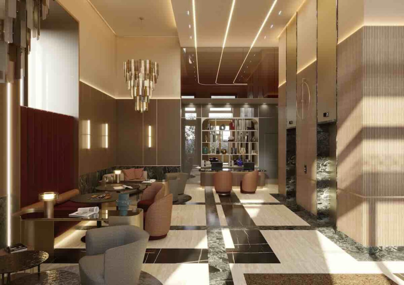 Rendu du lobby-lounge de The Duke Milan, lustre doré et banquette bordeaux