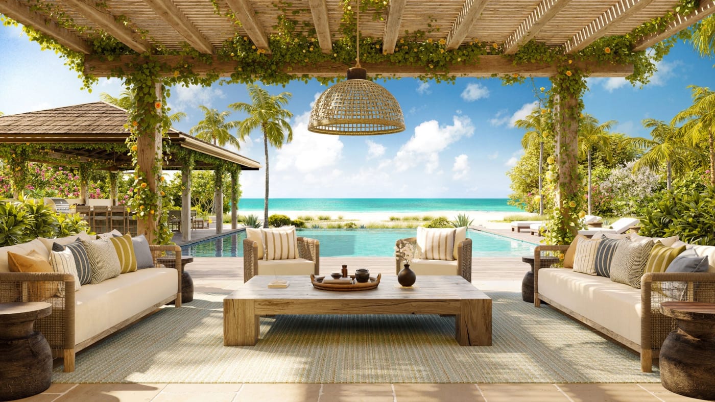 Visualisierung einer Außenlounge am Pool des Nobu Beach Inn Barbuda