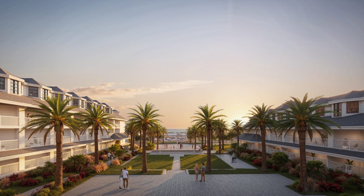 Visualisierung der Event-Wiese mit Blick auf den Hafen von Dana Point bei Sonnenuntergang