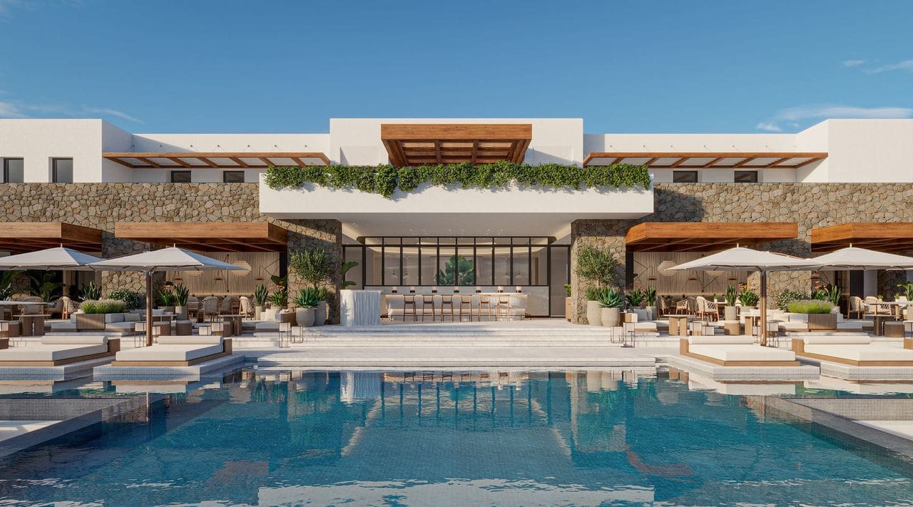 Rendu de la piscine et du restaurant du resort ORA Hospitality à Mykonos, façades blanches, murs de pierre et pergolas en bois