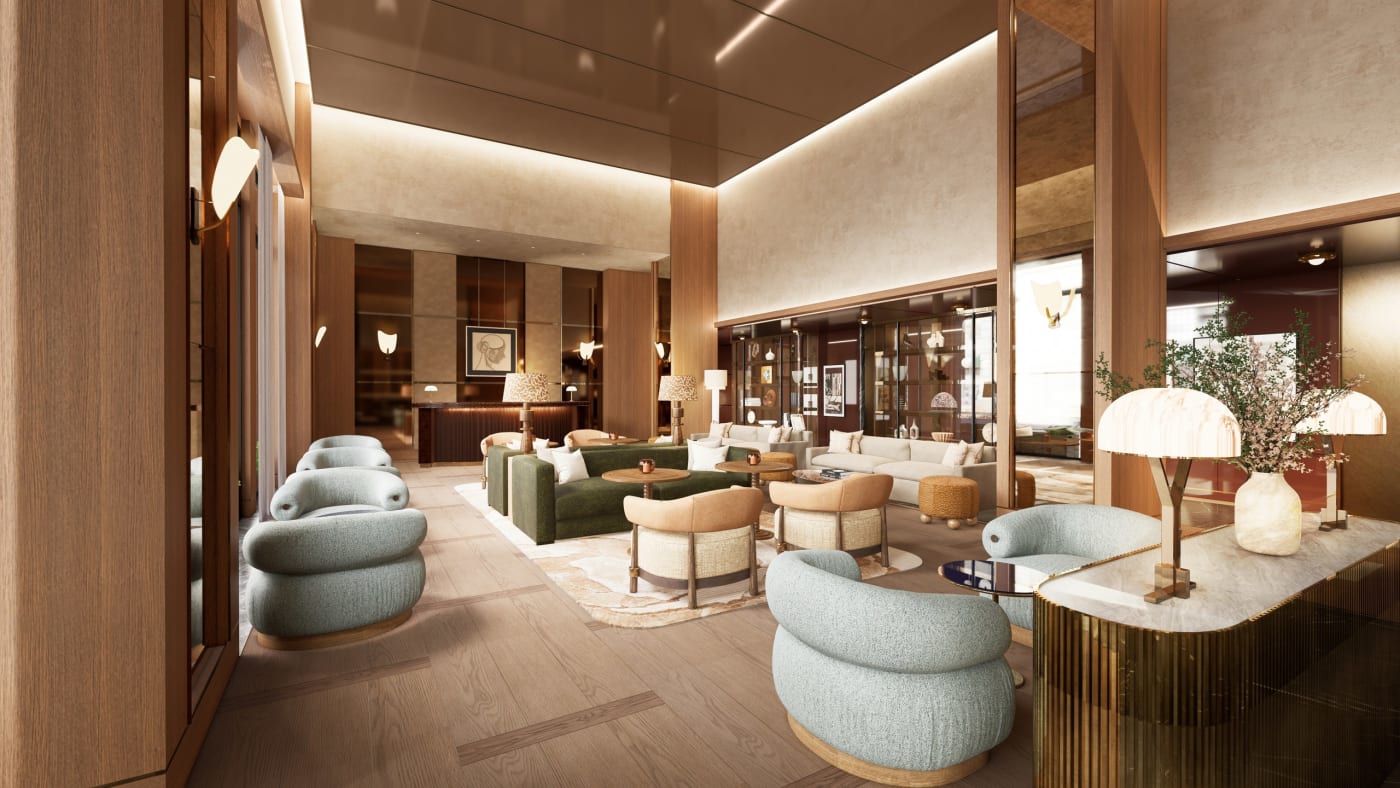 Rendu du lobby bar du Viceroy Park Avenue à New York, boiseries claires et fauteuils arrondis signés Meyer Davis
