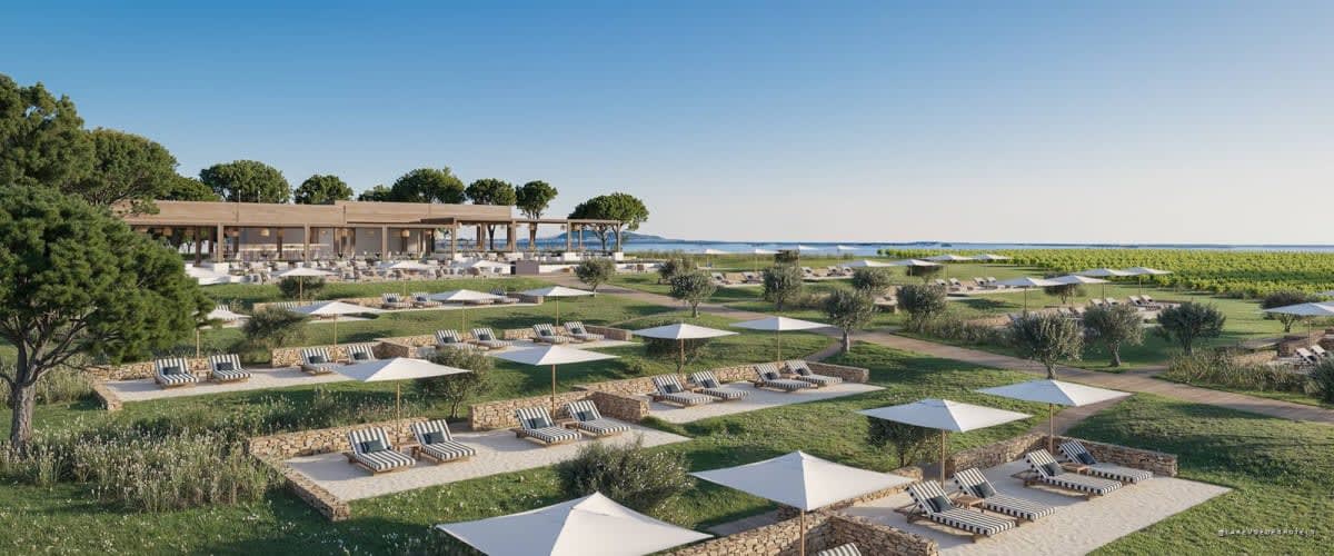 Perspective du resort Port Marseillan face à la lagune