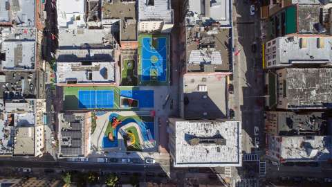 Aerial of Willie Woo Woo Wong Playground surrounded by buildings in San Francisco Chinatown.