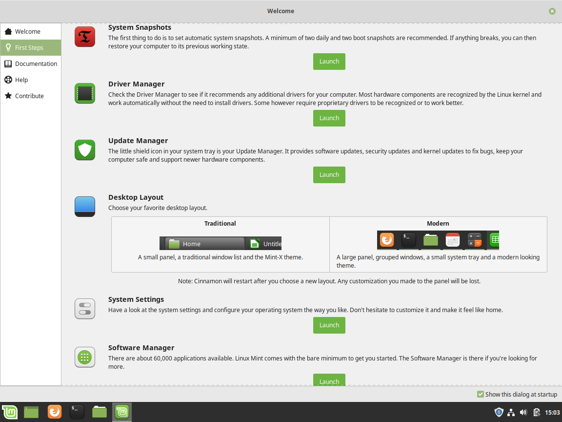 Linux Mint Review - Welcome Screen - First Steps