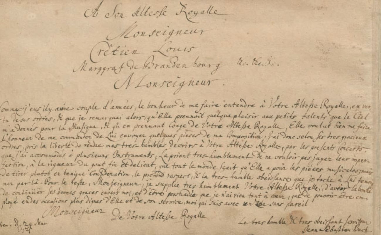Dedication page of Bach's Brandenburg Concertos