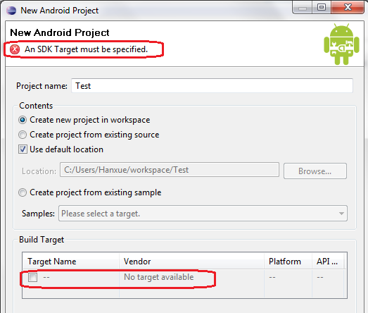 Eclipse Android error: An SDK Target must be specified.