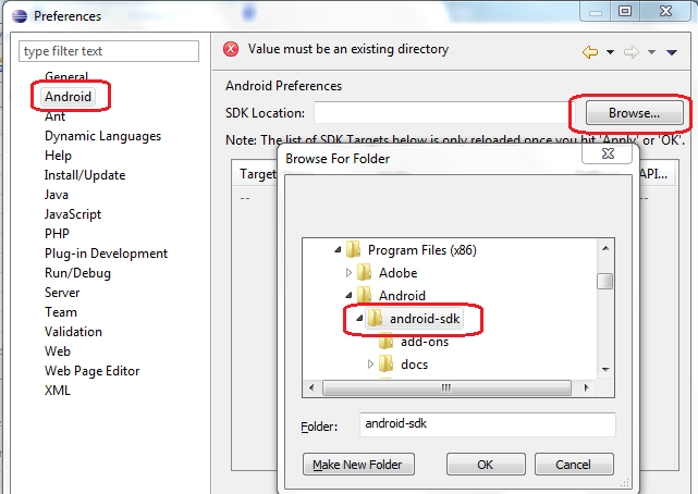 Eclipse Preferences window open with Android selected in the left sidebar, showing the Android Preferences panel with an SDK Location field and a Browse button highlighted in red. A Browse For Folder dialog is overlaid, displaying a folder tree navigating to Program Files x86, Android, android-sdk, which is highlighted in red. The folder tree also shows subfolders add-ons and docs. At the top of the Preferences window, an error message reads Value must be an existing directory. The Folder field at the bottom of the dialog shows android-sdk with Make New Folder, OK, and Cancel buttons.