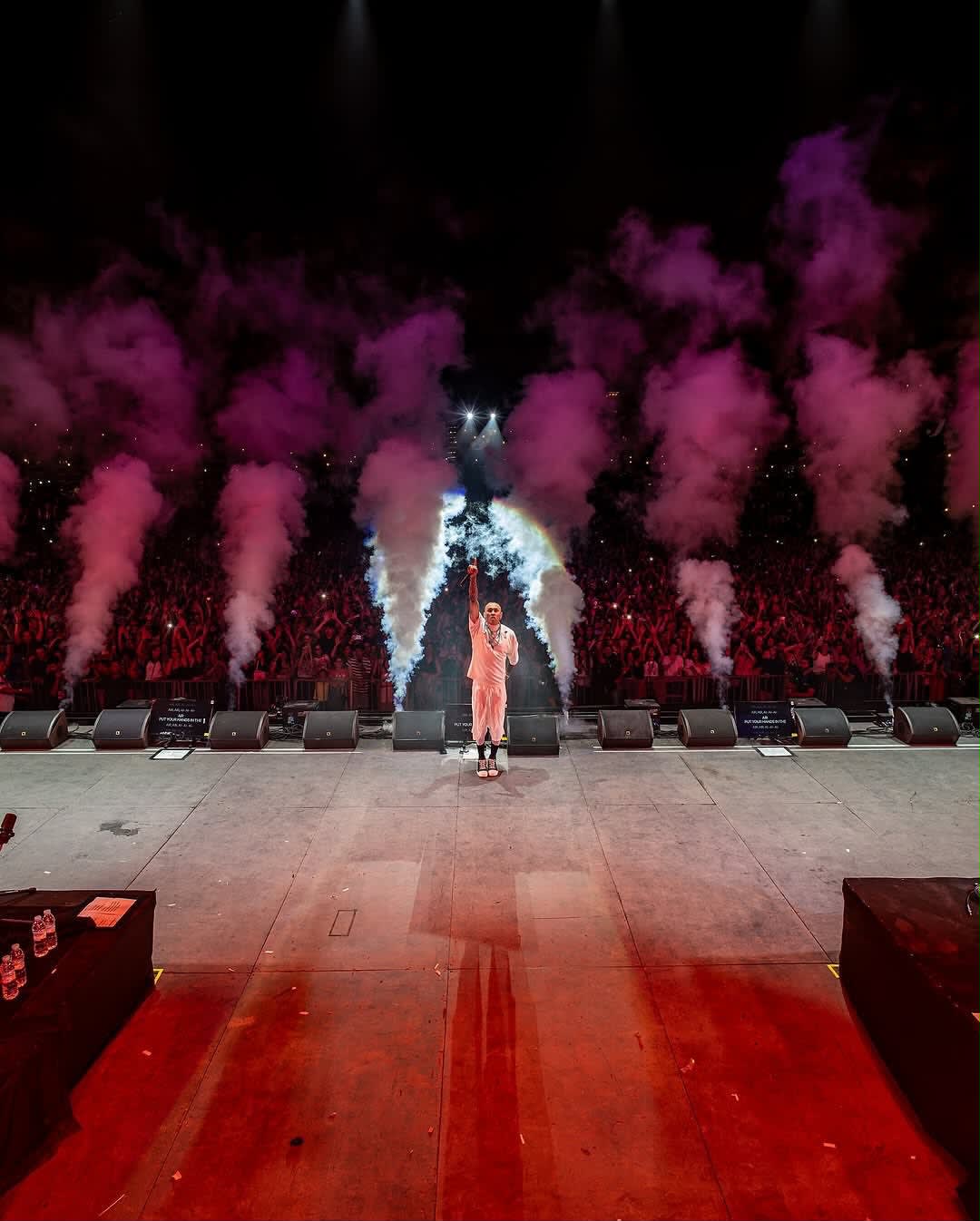 Artiste sur scène YSFX — jets de fumée et public en concert