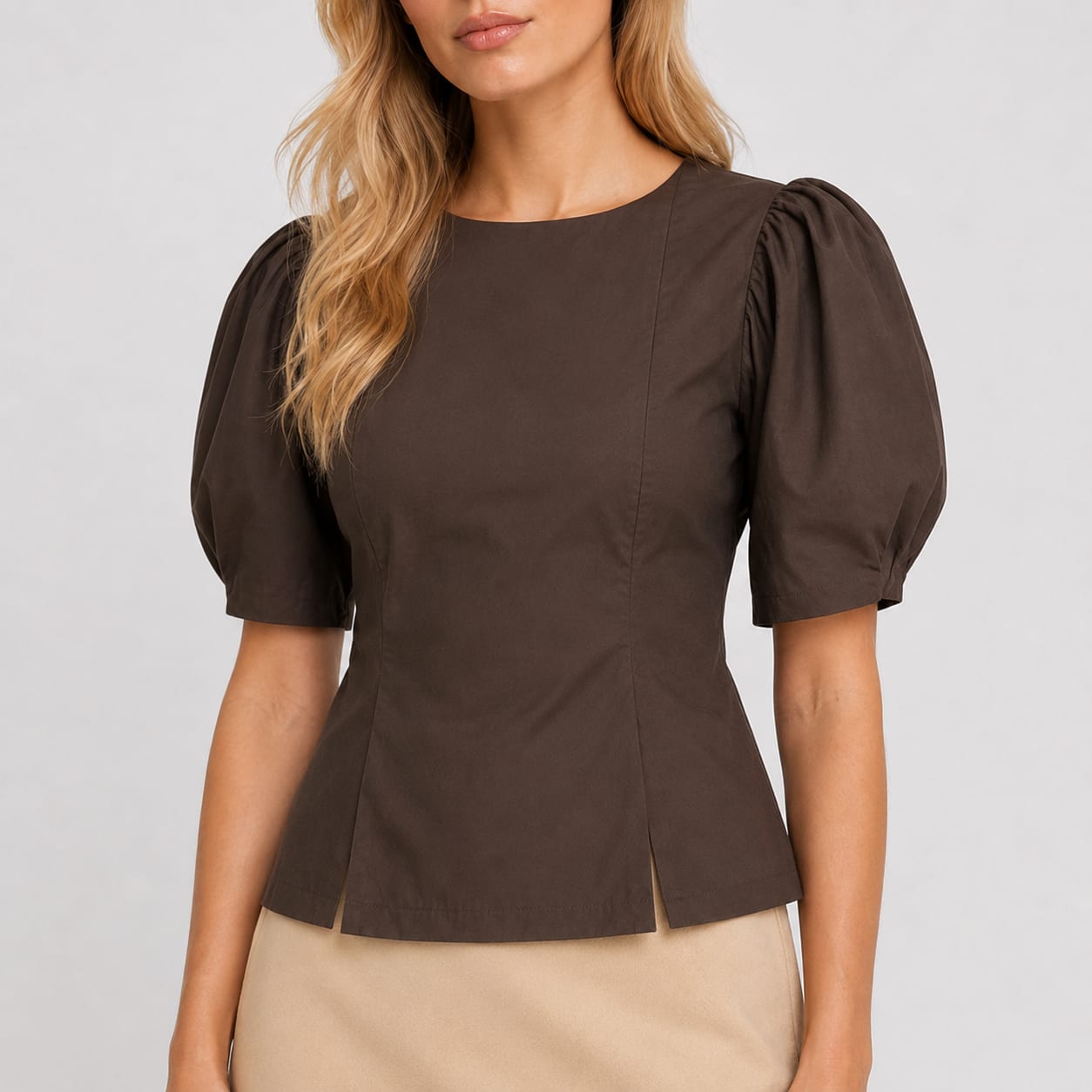 Brown top with square neckline and puff sleeves Tsniout - product photo 3