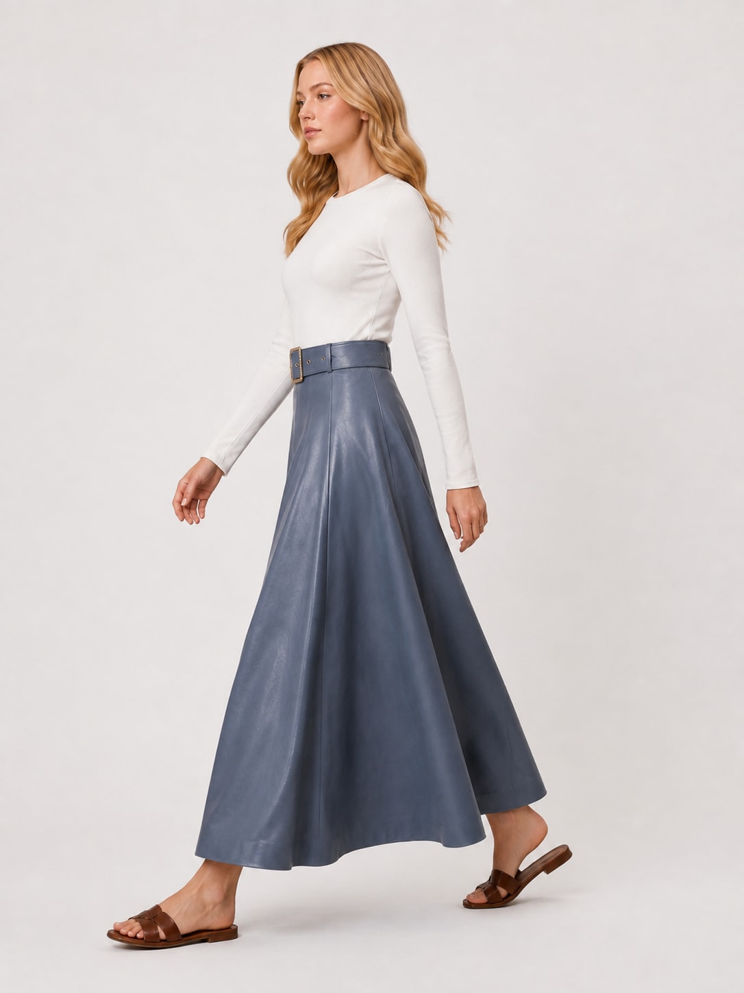 Grey-blue long skirt in faux leather with belt Tsniout - product photo 2