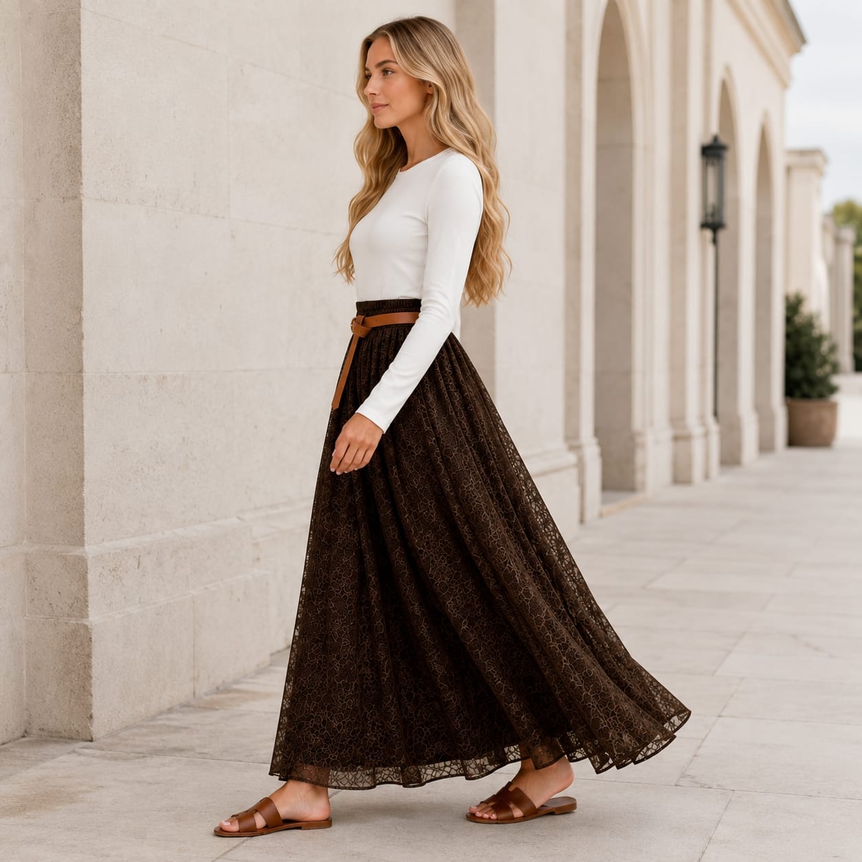 Long skirt lace dark brown with belt Tsniout - product photo 3