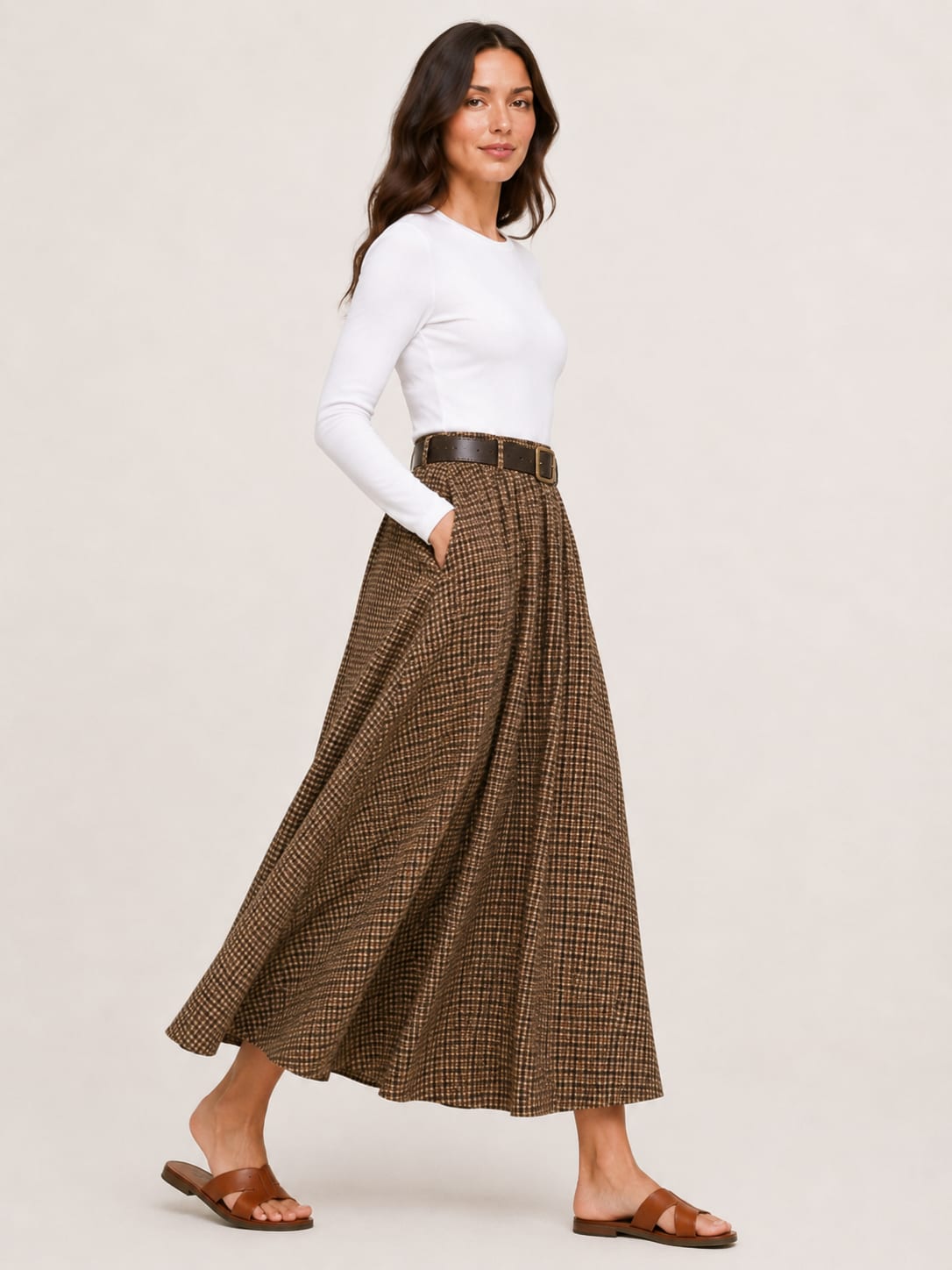 Chocolate long skirt with checks and belt Tsniout - product photo 3