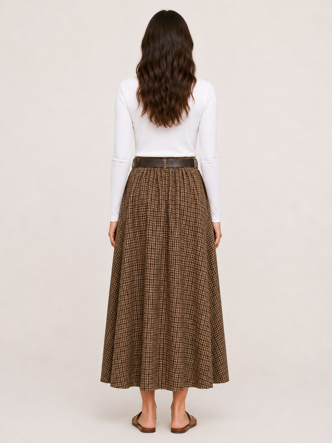 Chocolate long skirt with checks and belt Tsniout - product photo 2