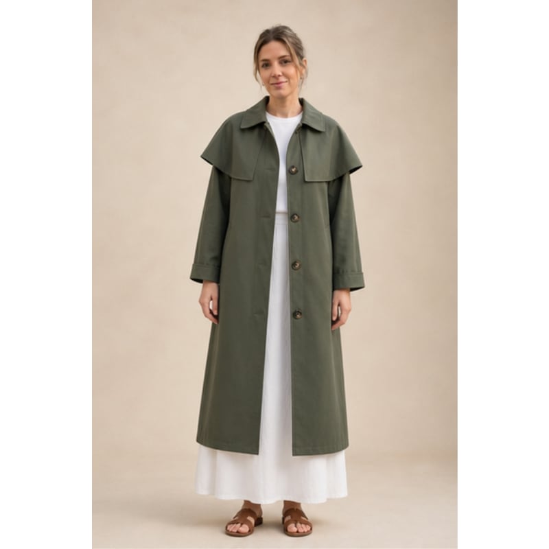 Trench long kaki à pèlerine Tsniout — Polyester léger et résistant