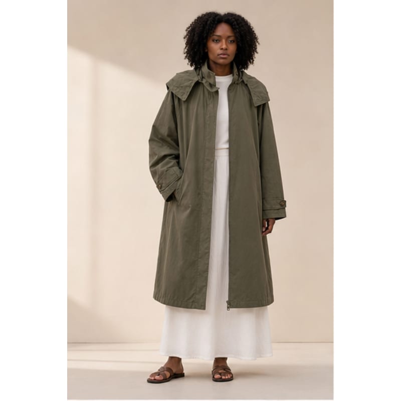 Trench long kaki à capuche en coton Tsniout — 100 % coton léger et respirant