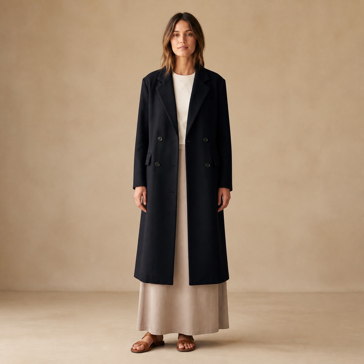 Manteau noir long à double boutonnage Tsniout — Tissu extérieur structuré, doublure confortable