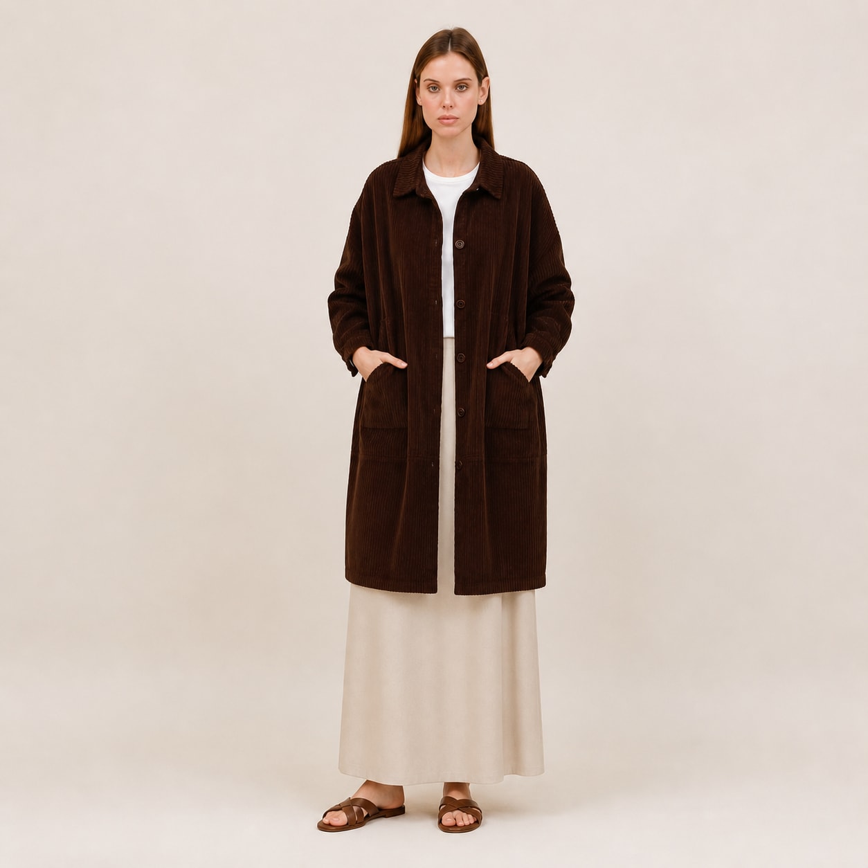 Manteau long marron en velours côtelé Tsniout — Velours côtelé 100 % coton