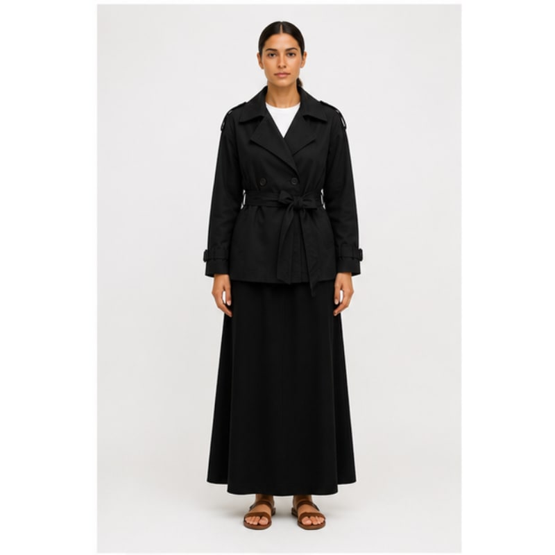 Veste trench noire ceinturée Tsniout — Tissu souple noir, coupe structurée