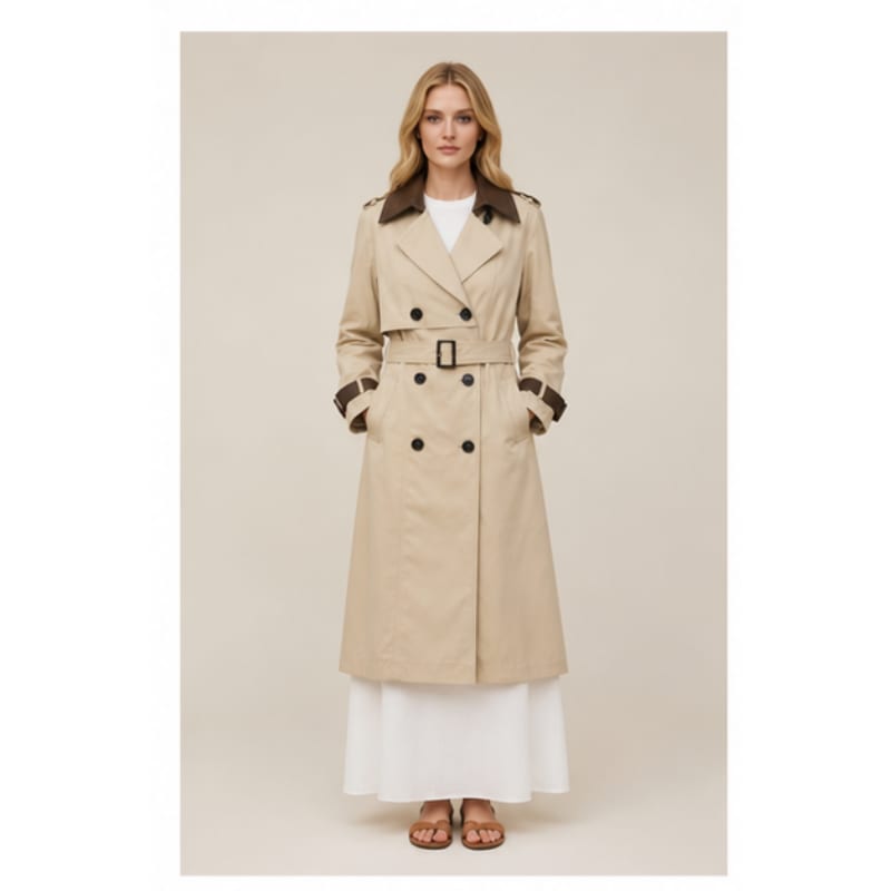 Trench long beige à col contrasté Tsniout — Tissu souple beige, détails similicuir