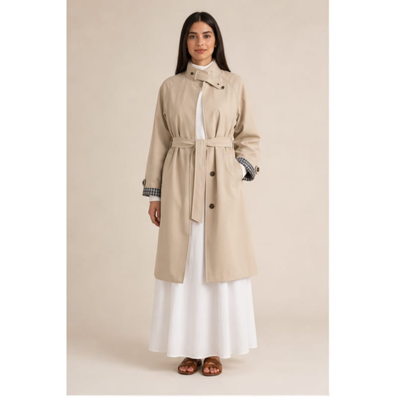 Trench mi-long beige ceinturé Tsniout — Matière souple au tombé fluide