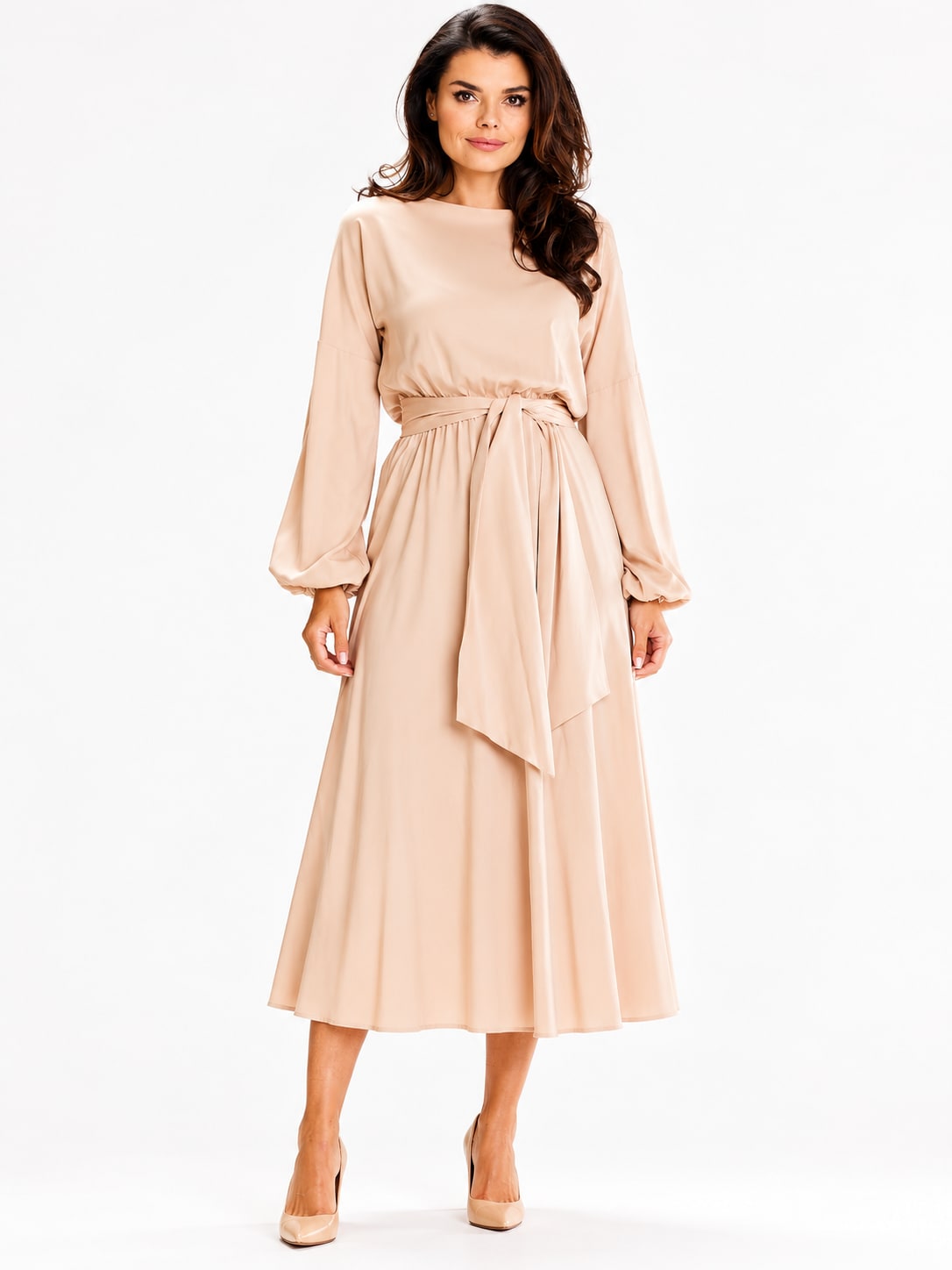 Robe longue fluide à lien beige Tsniout - vue de face