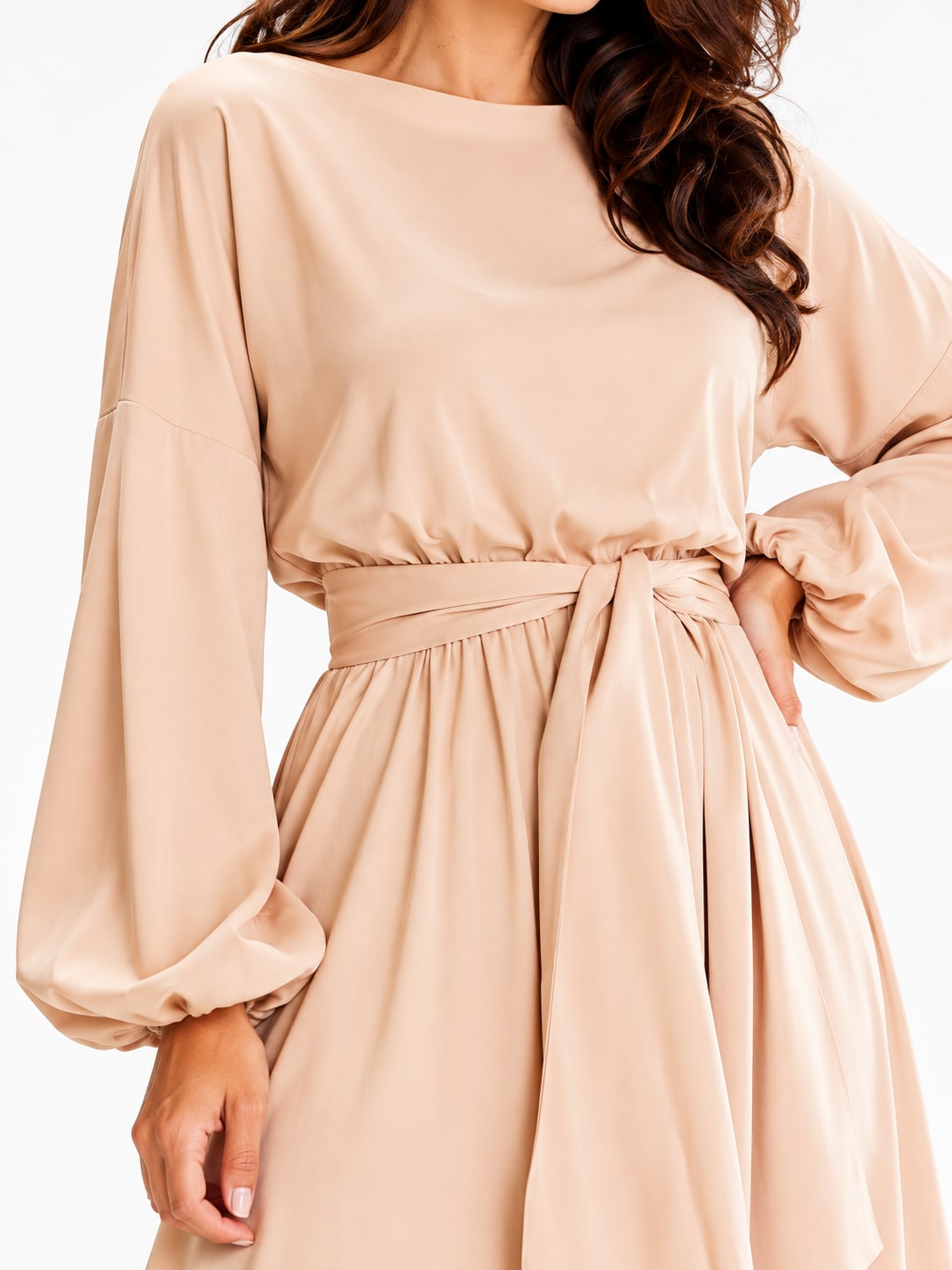 Robe longue fluide à lien beige Tsniout - detail produit