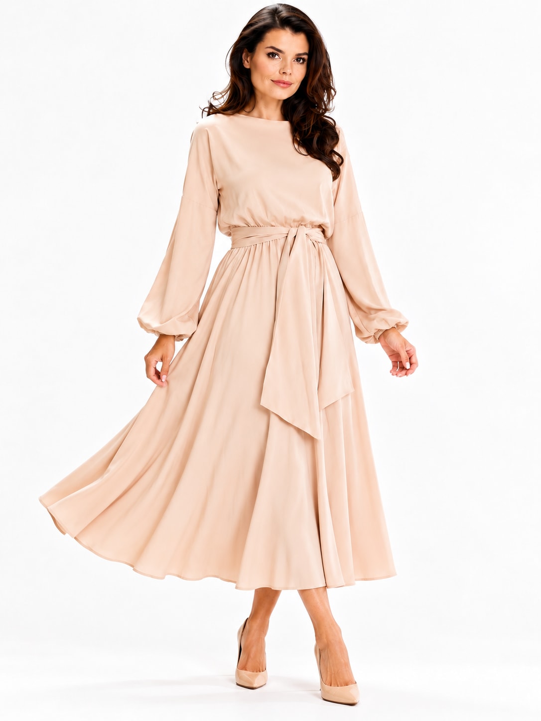 Robe longue fluide à lien beige Tsniout - vue debout