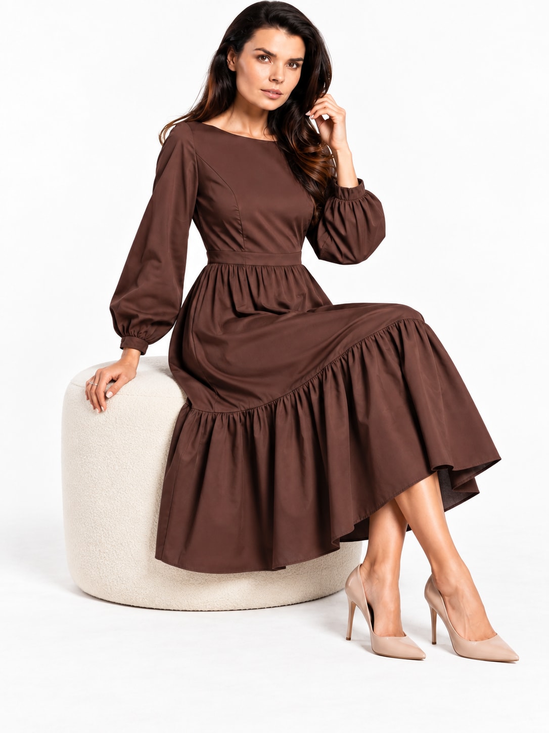 Robe midi à volant marron Tsniout - vue assise