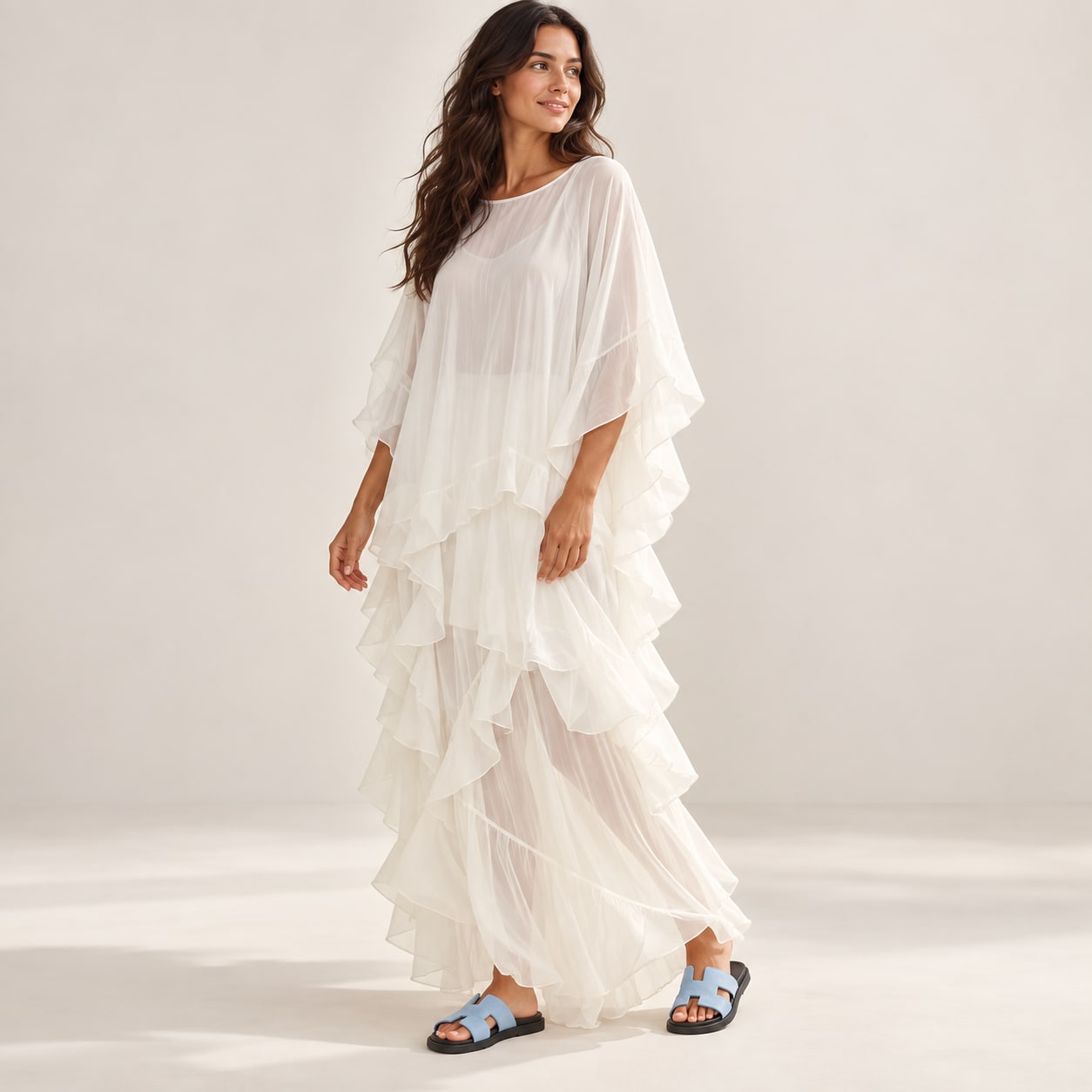 Robe longue blanche mousseline a volants Tsniout - vue debout