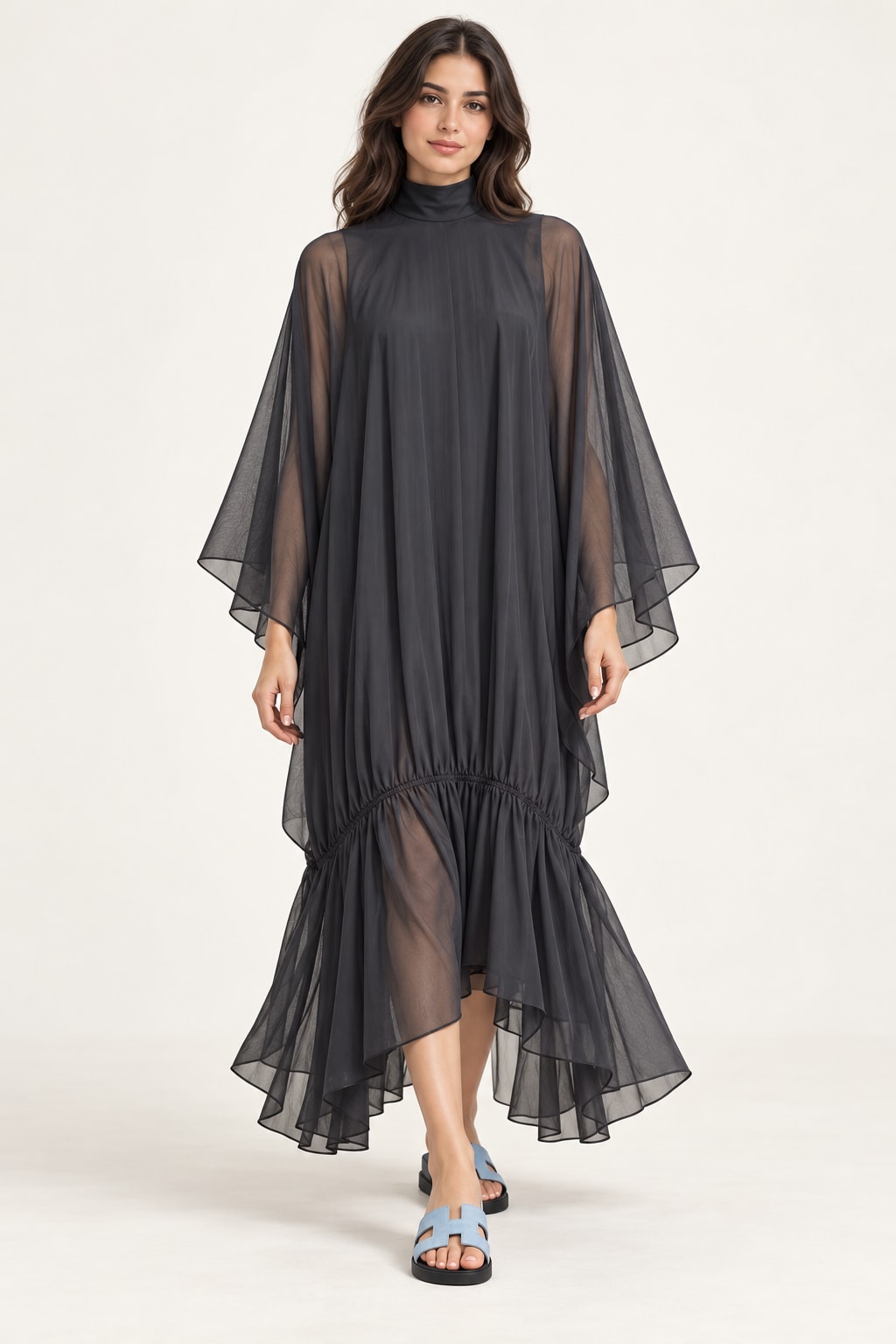 Robe longue gris fonce en mousseline Tsniout - vue de face