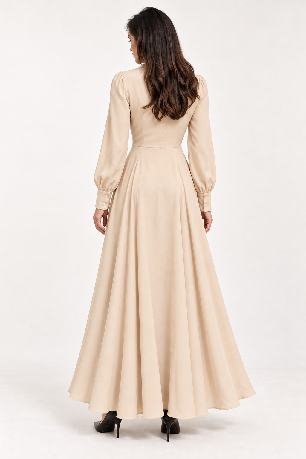 Robe longue beige drapée premium Tsniout - vue de dos