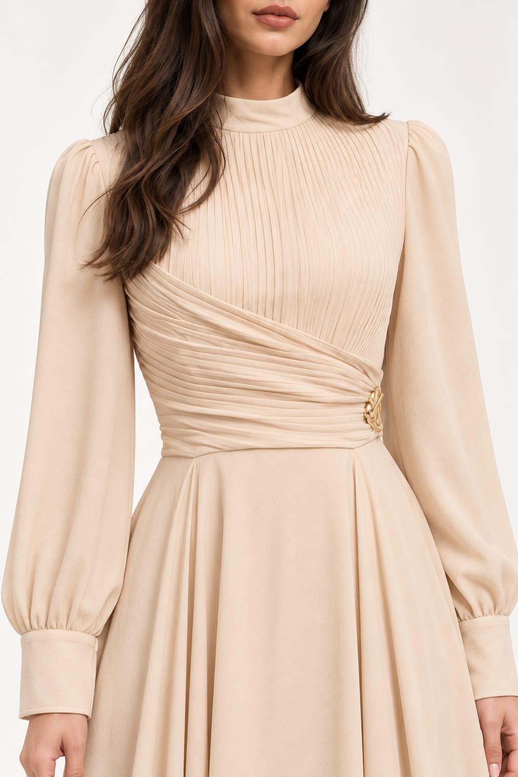 Robe longue beige drapée premium Tsniout - detail produit