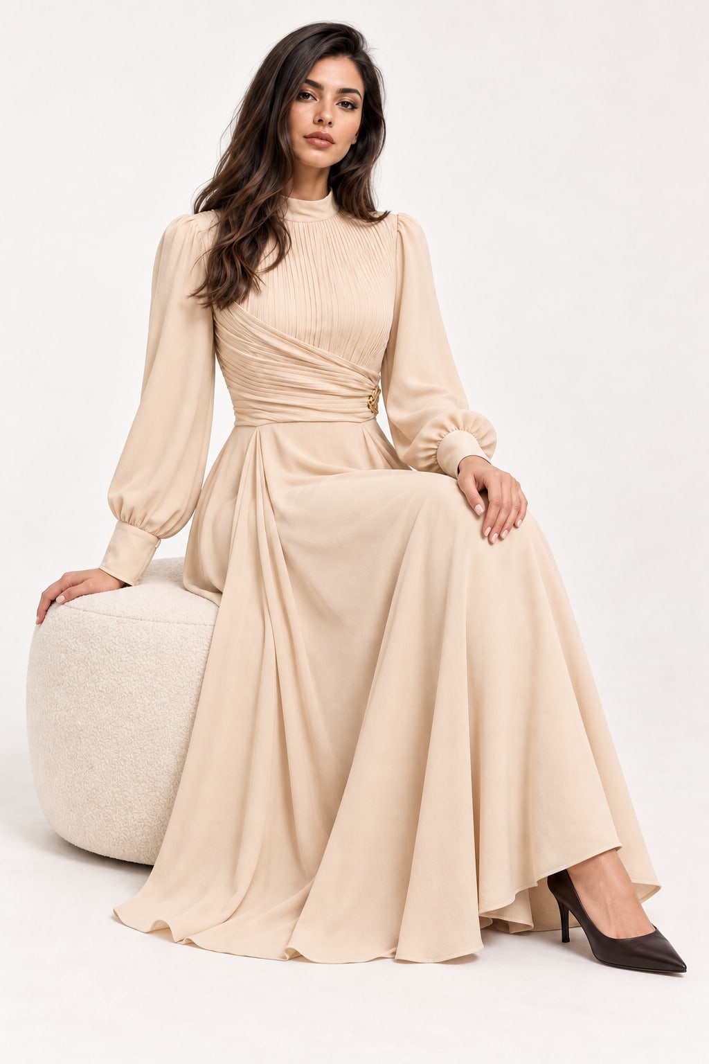 Robe longue beige drapée premium Tsniout - vue assise
