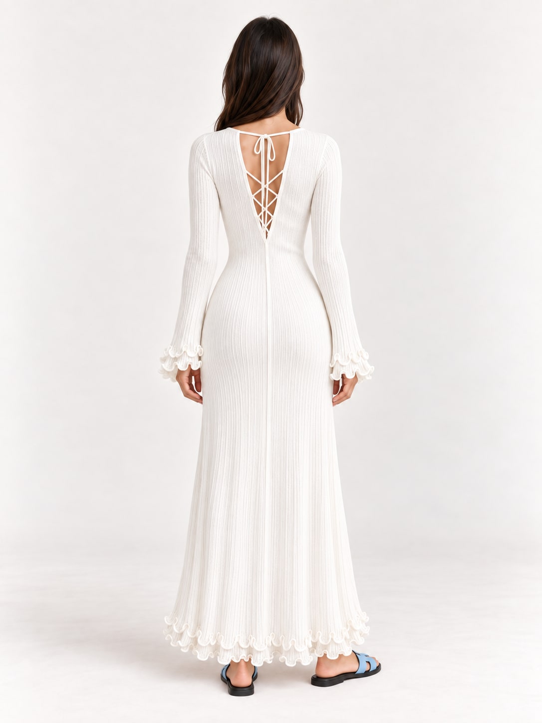 Robe longue blanche en maille à volants Tsniout - vue de dos