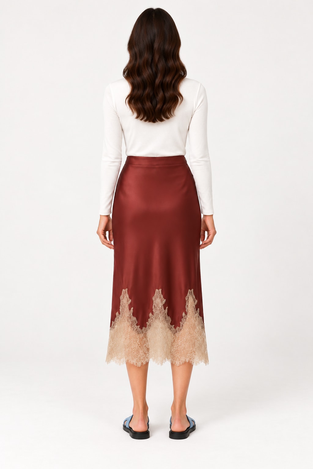 Jupe midi satinée brique à dentelle beige — vue de dos