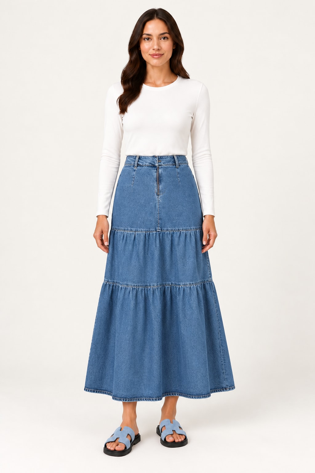 Jupe longue en denim bleu à volants - product photo 1