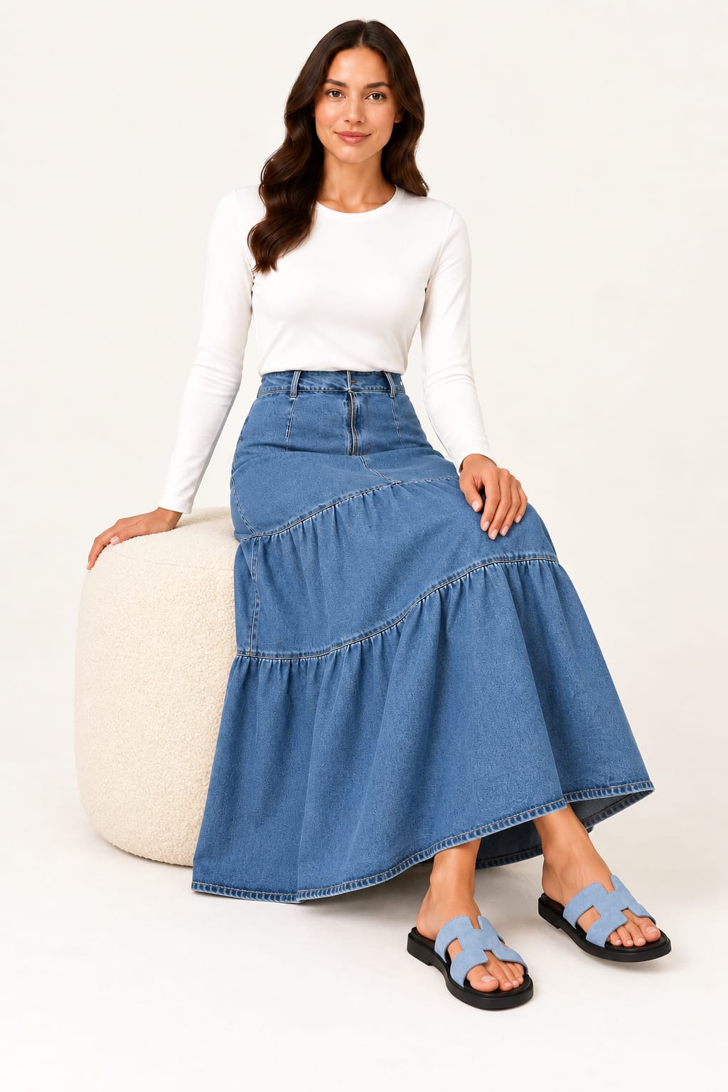 Jupe longue en denim bleu à volants — vue assise