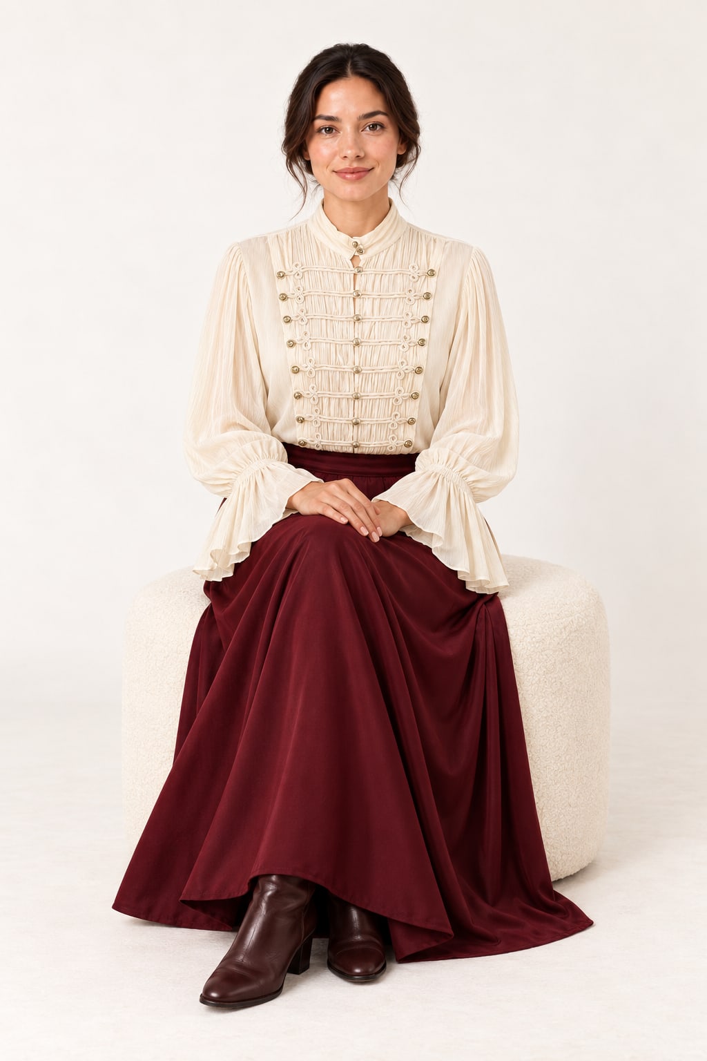 Blouse crème à col montant et boutons dorés Tsniout — Crème — vue 5