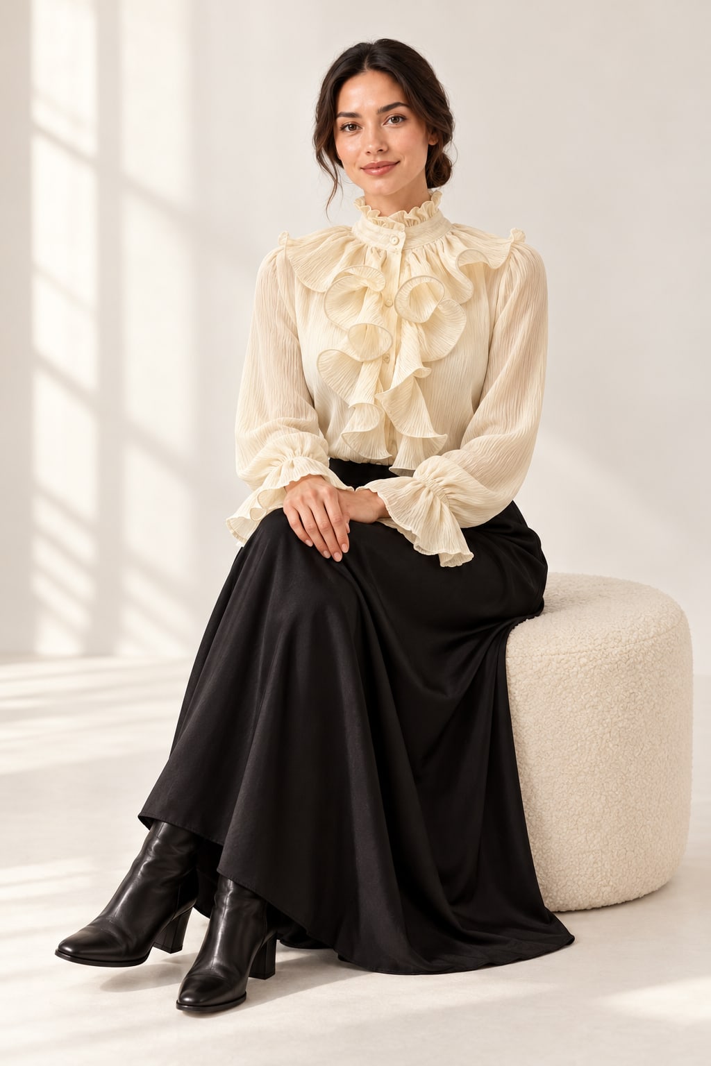 Blouse crème à jabot et col montant Tsniout — Crème — vue 5