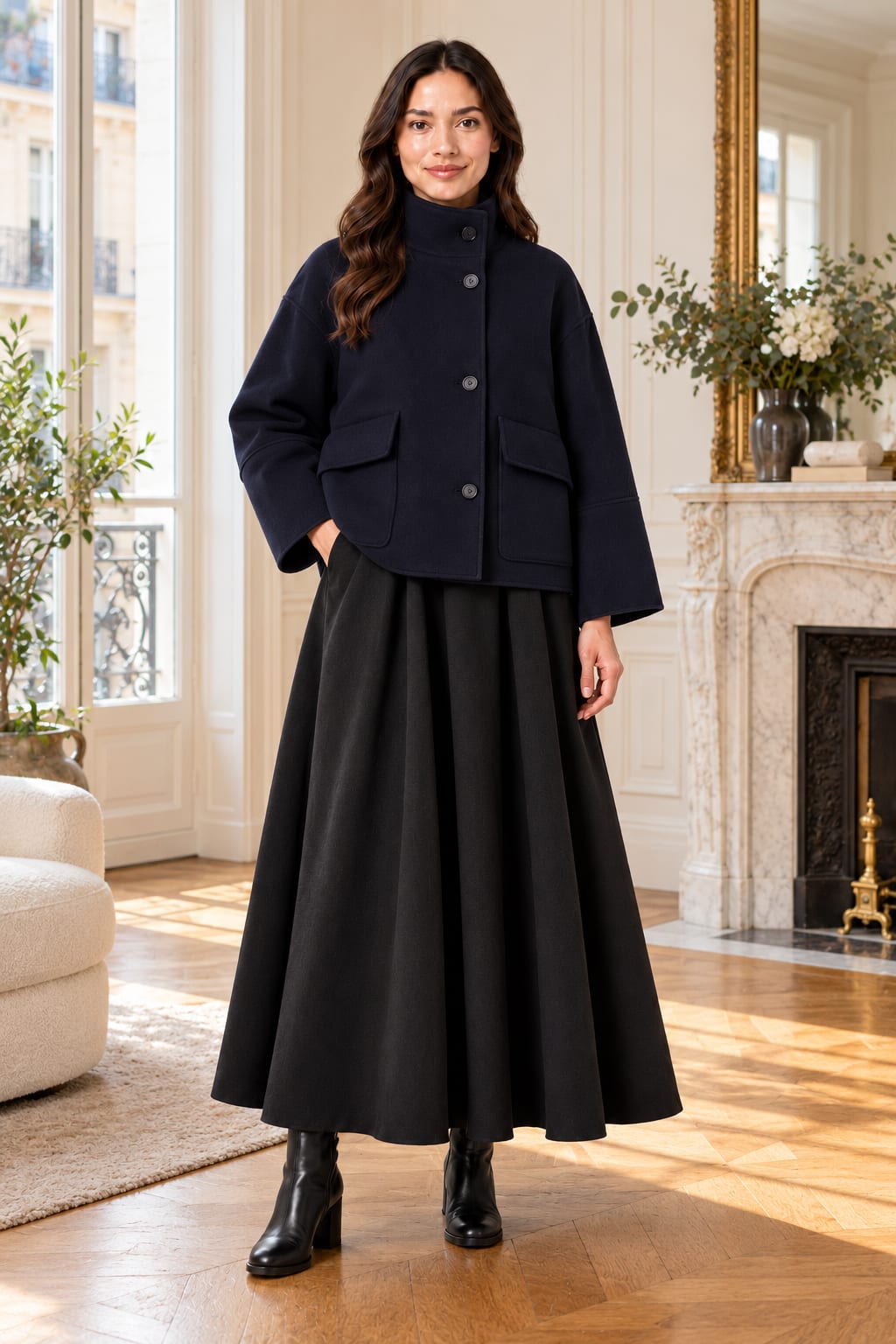 Veste courte en laine bleu marine à col montant Tsniout — en situation